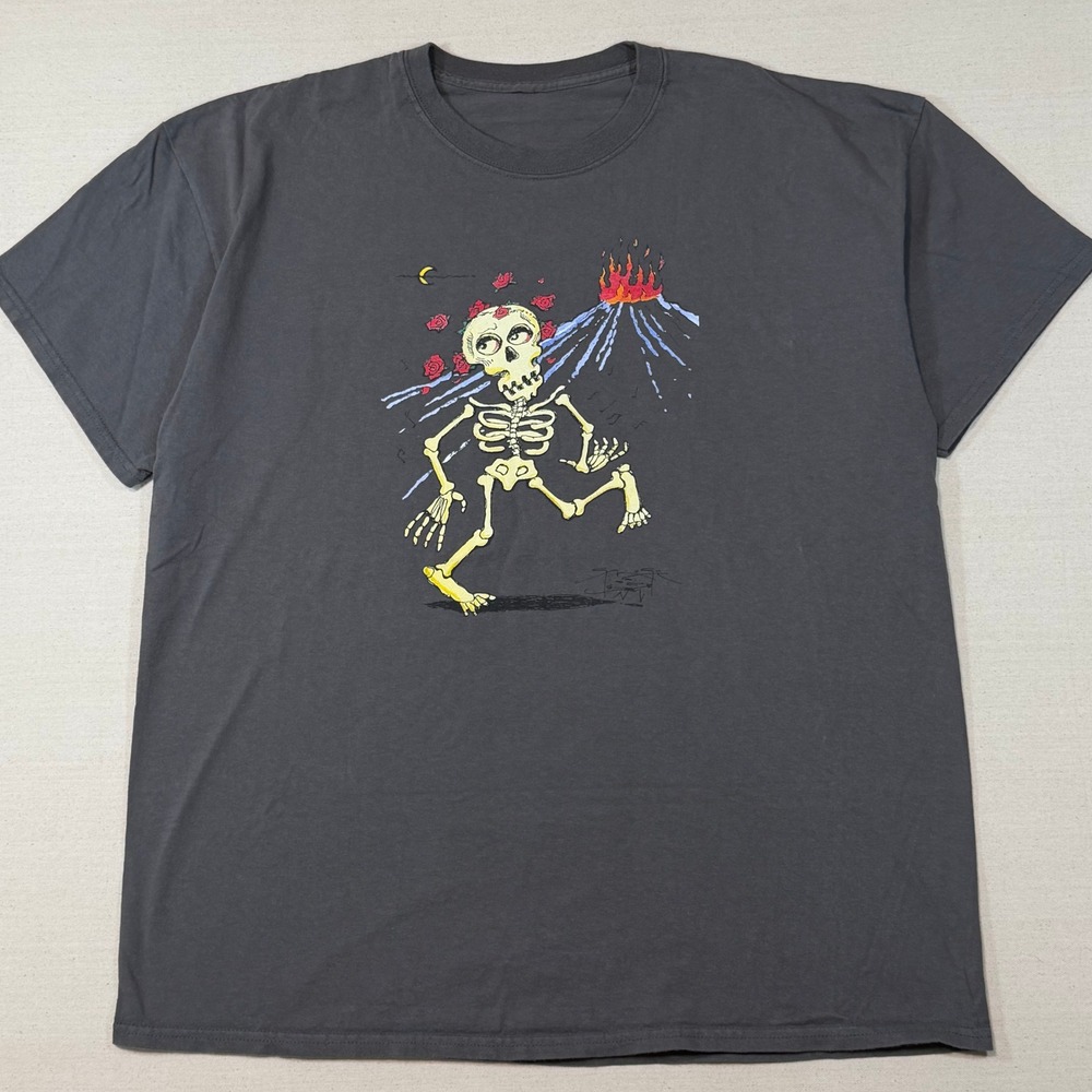 Grateful Dead Style Dancing Skeleton Rose Volcano Graphic T-Shirt Gray XL
